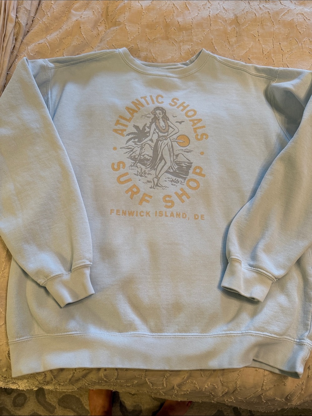 Atlantic Shoals Powder Blue Crewneck Sweatshirt with Surf Shop Graphic